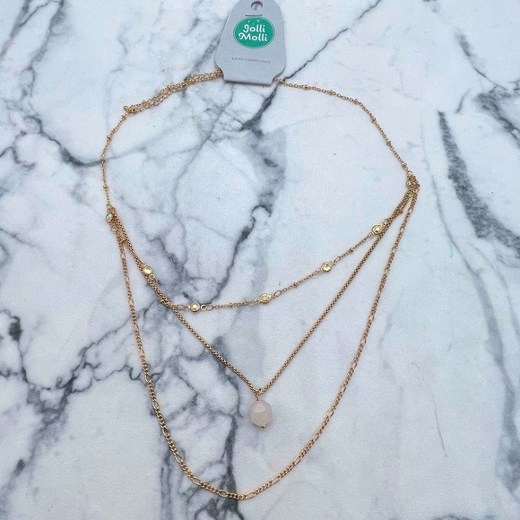 New Jolli Molli Layered Necklace Gold Tone Chain Quartz Stone Accent - Picture 1 of 6